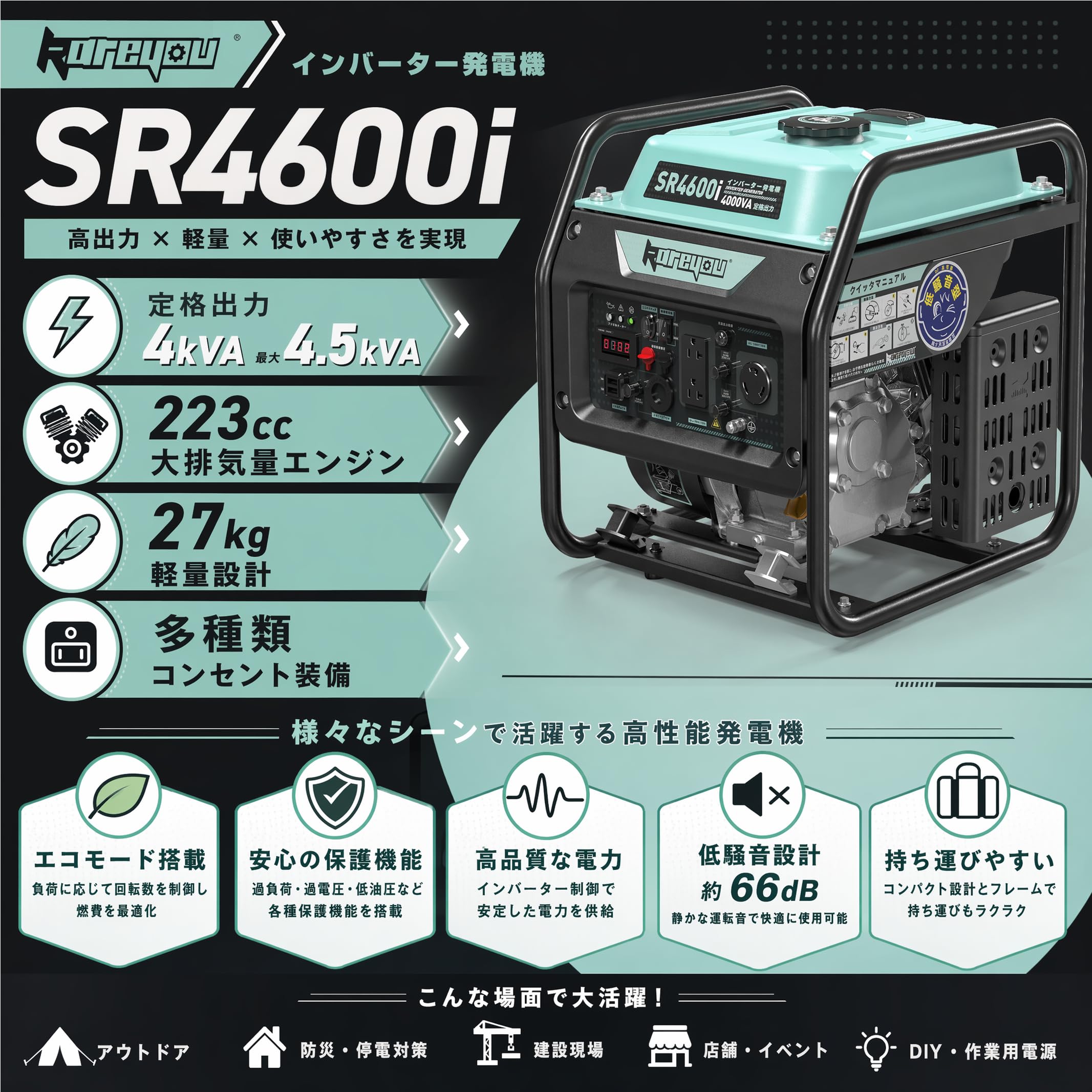 Amazon | kareyou インバーター発電機 ガソリン発電機 最大出力4.5kVA
